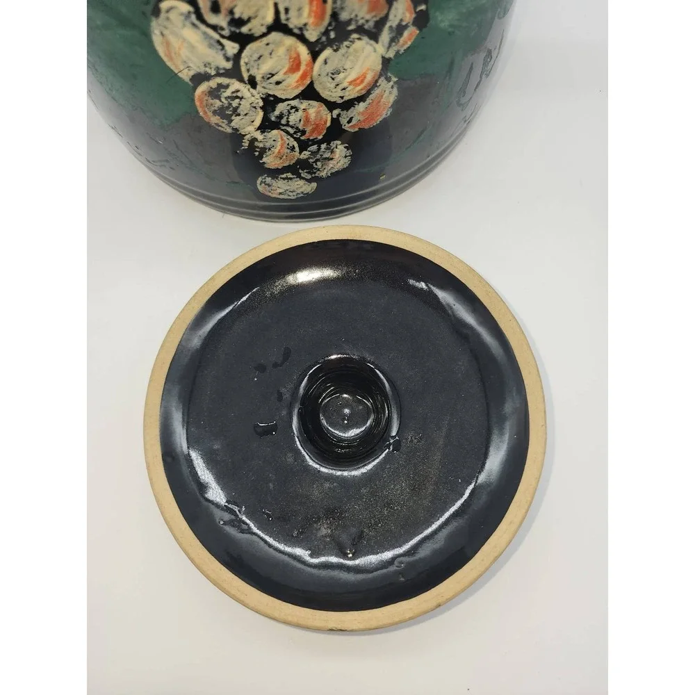 Vintage Black Ceramic Hand Painted Grape Bean Pot Cookie Jar with Lid 2 Handle - Picture 16 of 16